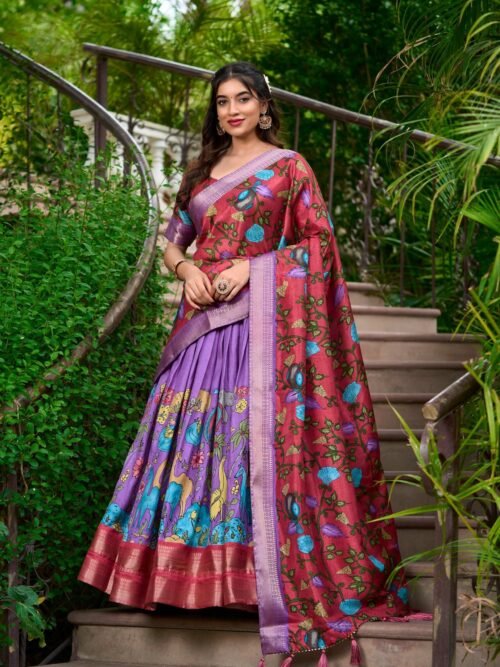 1222LUVMAIN.jpg Lavender Color Kalamkari Print With Zari Weaving Dola Silk Voni Lehenga Choli