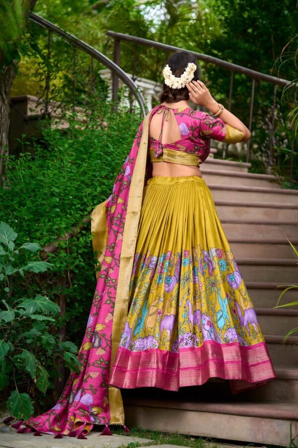1222MATBACK.jpg Mustard Dola Silk Lehenga Choli Set with Kalamkari Print and Zari Weaving