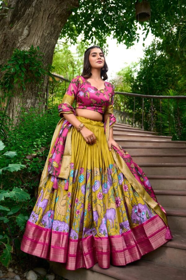 1222MATMAIN1.jpg Mustard Dola Silk Lehenga Choli Set with Kalamkari Print and Zari Weaving