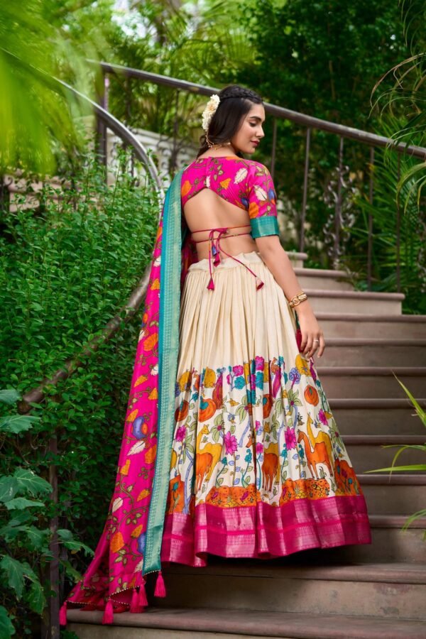 1222WHTBACK.jpg White Dola Silk Lehenga Choli Set with Kalamkari Print and Zari Weaving