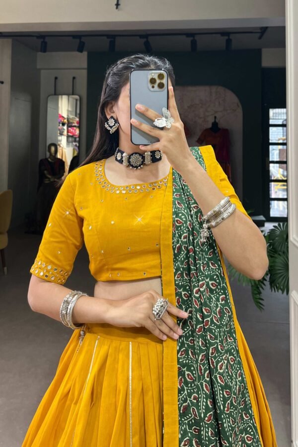 1697MSTCLO.jpg Mustard Color Plain With Gota Patti Cotton Lehenga Choli by Suratikart
