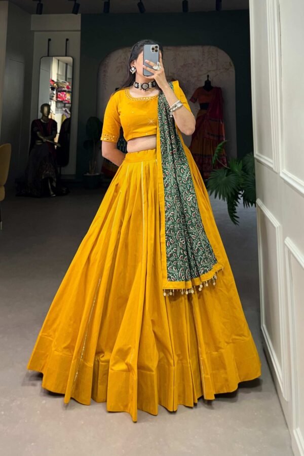 1697MSTMAIN1.jpg Mustard Color Plain With Gota Patti Cotton Lehenga Choli by Suratikart