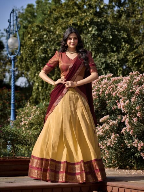 2001CRMMAIN.jpg Cream Color Zari Weaving Work Kanchipuram Lehenga Choli