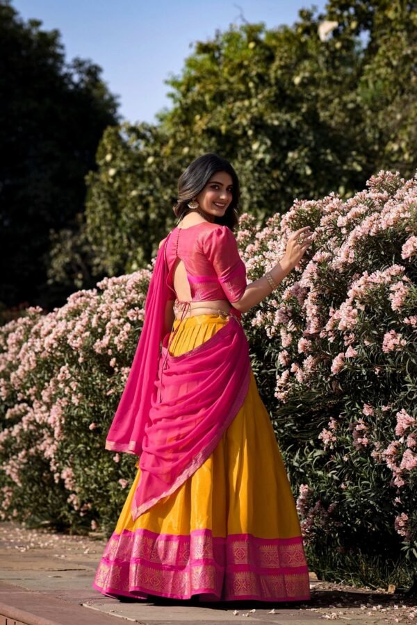 2001MSTSIDE_76d8a730-5cda-4f48-bee6-550a4b6c761c.jpg Mustard Color Zari Weaving Work Kanchipuram South Indian Lehenga Choli