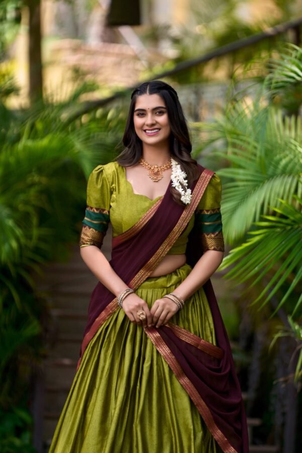 2004OGNCLO-1.jpg Olive Green South Style Poly Cotton Half Saree Lehenga with Georgette Dupatta