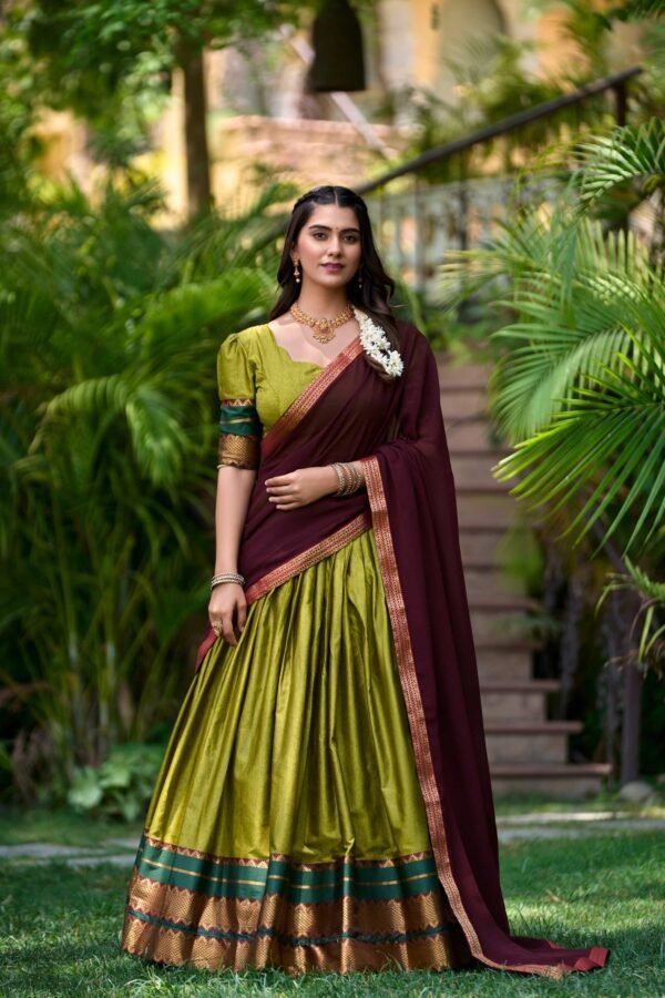 2004OGNMAIN-1.jpg Olive Green South Style Poly Cotton Half Saree Lehenga with Georgette Dupatta