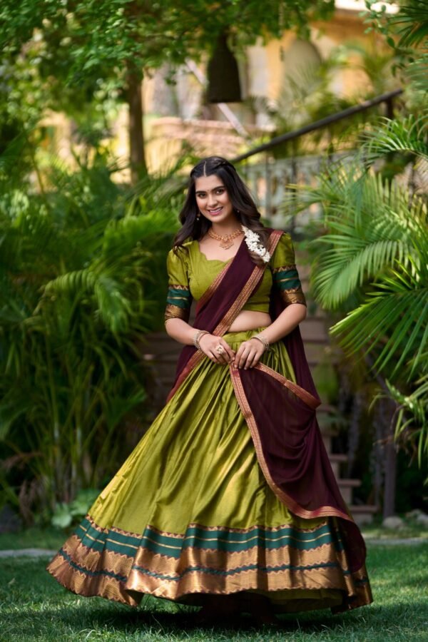 2004OGNMAIN2-1.jpg Olive Green South Style Poly Cotton Half Saree Lehenga with Georgette Dupatta