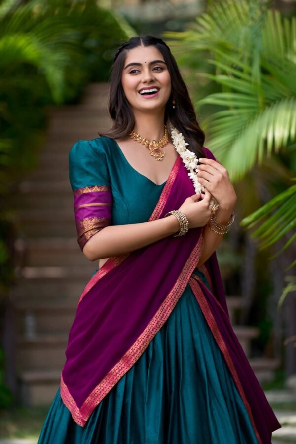 2004TELCLO.jpg Teal Color South Style Poly Cotton Half Saree Set