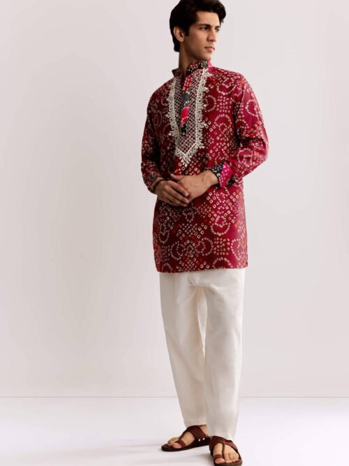 361_1 Red Silk Kurta Set With Bandhani Print