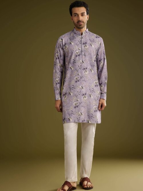 364_1 Purple Zipper Kurta Set in Russian Silk with Floral Print