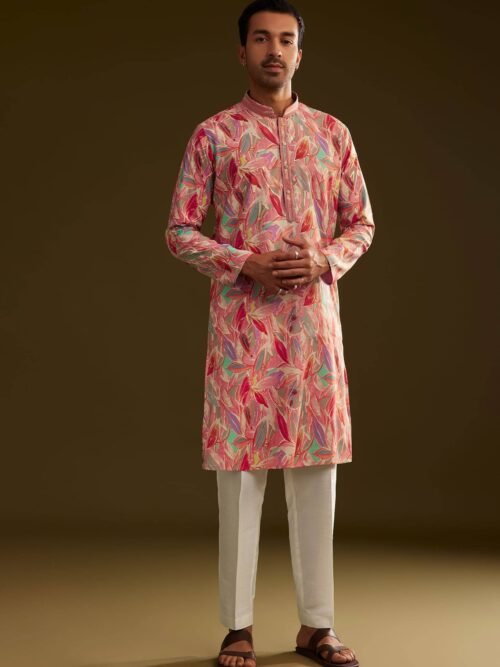 370_1 Pink Silk Leaf Printed Kurta Set
