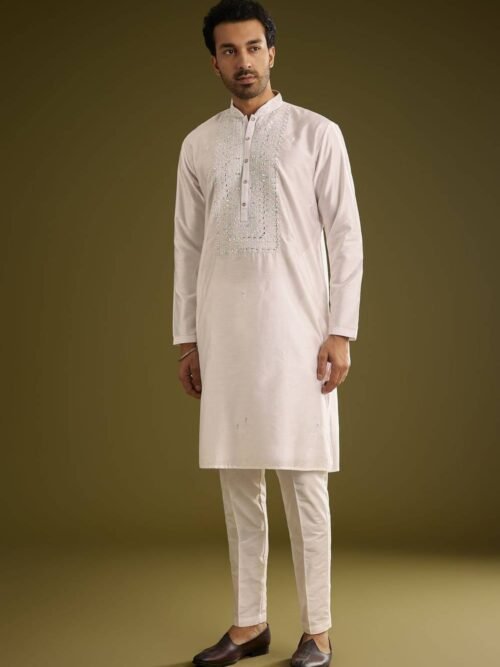372_1 Off White Silk Kurta Set With Thread And Mirror Work