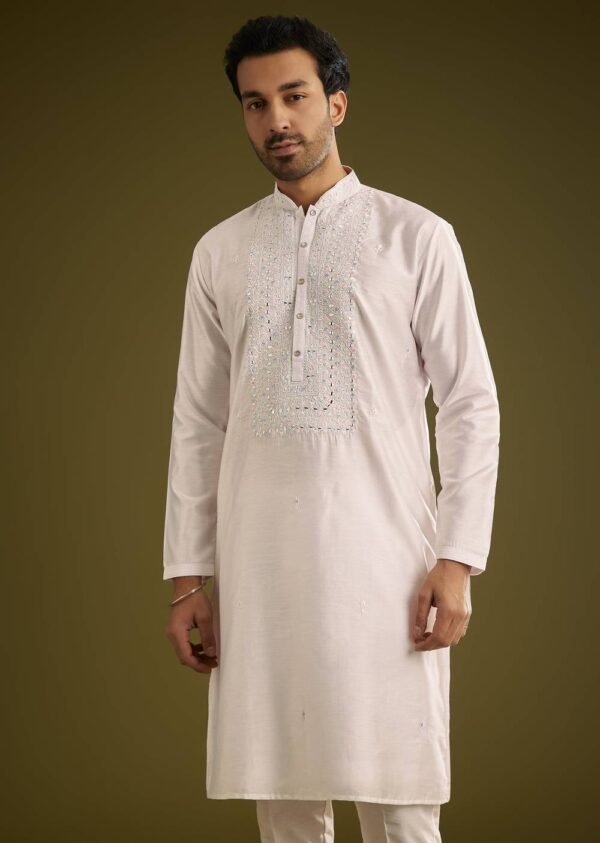 372_2 Off White Silk Kurta Set With Thread And Mirror Work