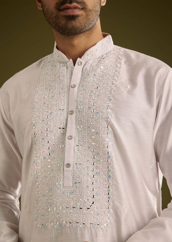 372_3 Off White Silk Kurta Set With Thread And Mirror Work