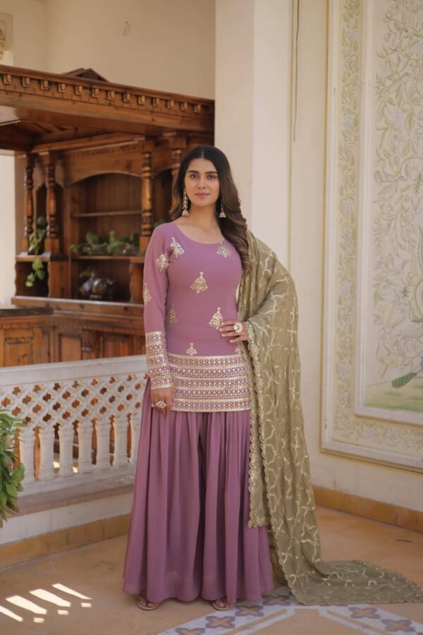 KA-1079PINK_1.jpg Onion Color Palazzo Suit with Embroidery Work