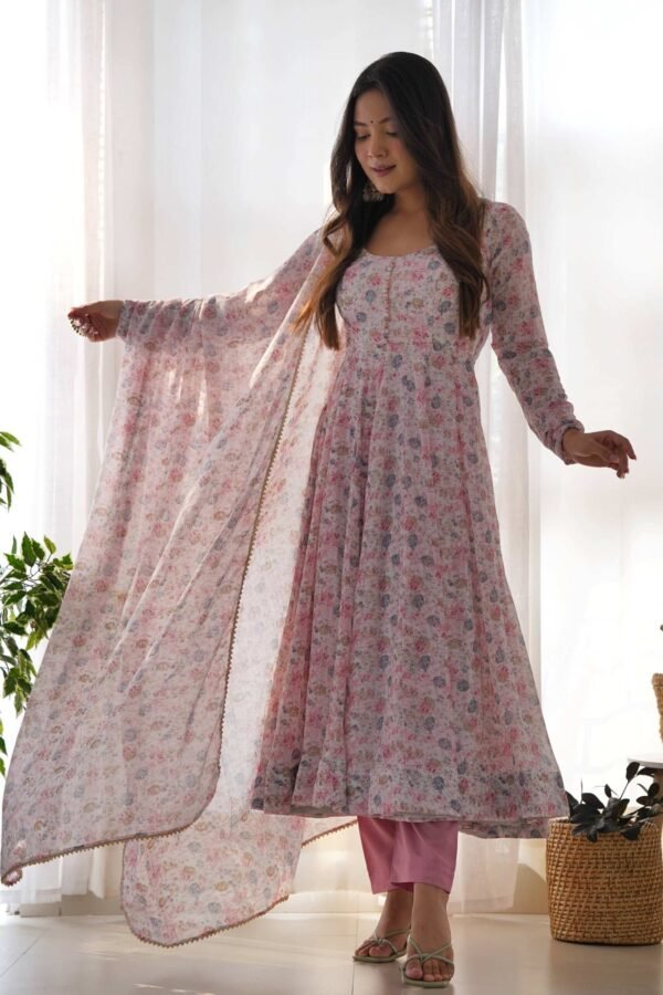 KB-262PINK_5.jpg Elegant Pink Chiffon Anarkali Suit with Orange Floral Print Dupatta