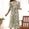 Elegant White Soft Georgette One-Piece Dress with Green Floral Print
