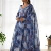 Navy Blue Organza Anarkali Gown with Marble Print