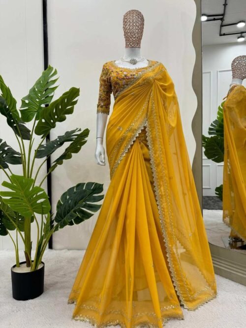 KD-497yellow_1.jpg Yellow Color Beautiful Designer Saree on Tibby Silk Fabric
