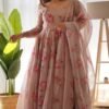 NKB-17_1.jpg Elegant Beige Tabby Organza Floral Print Gown with Dupatta