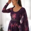 NKB-26WINE_5.jpg Feel Like Royalty in this Wine Color Floral Gown with Lucknowi Belt and Dupatta