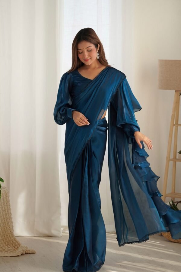 NKB-42TealBlue_2.jpg Blue Color Party Wear Pre-Wrapped Ruffle Saree