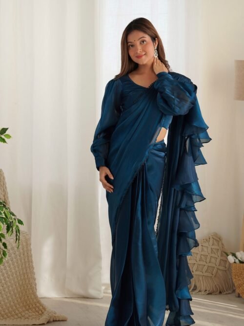 NKB-42TealBlue_3.jpg Blue Color Party Wear Pre-Wrapped Ruffle Saree