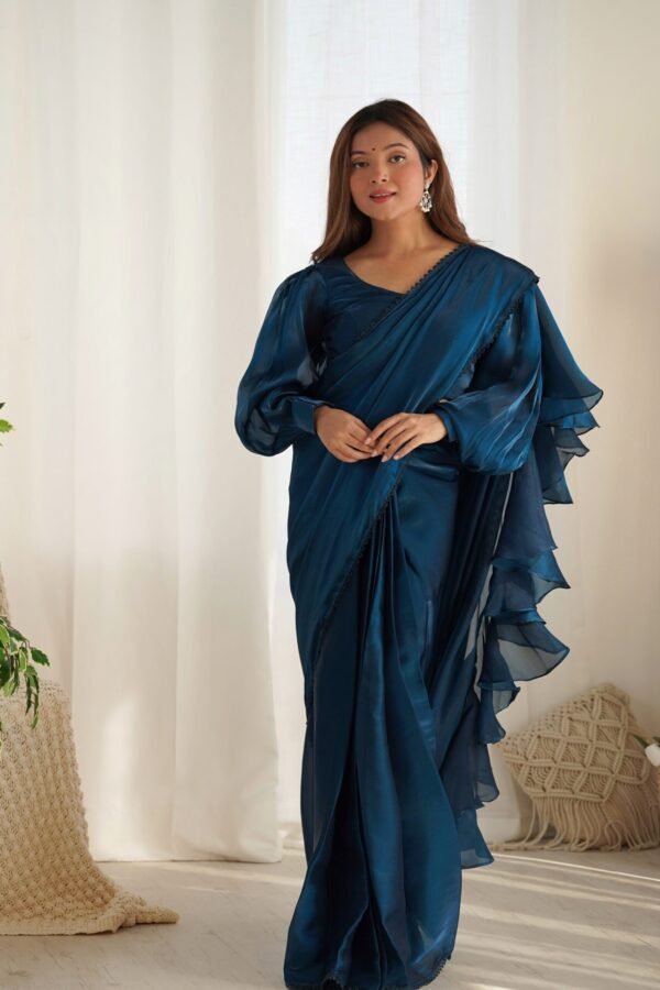 NKB-42TealBlue_4.jpg Blue Color Party Wear Pre-Wrapped Ruffle Saree