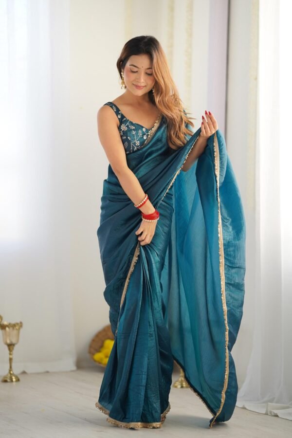 NKB-44TEALBLUE_2.jpg Luxurious Teal Blue Saree in Gold Crush Tissue Silk
