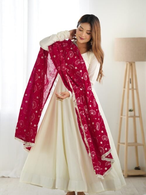 NKB-45WHITE_2.jpg White Vichitra Silk Anarkali Suit with Rani Pink Heavy Dupatta