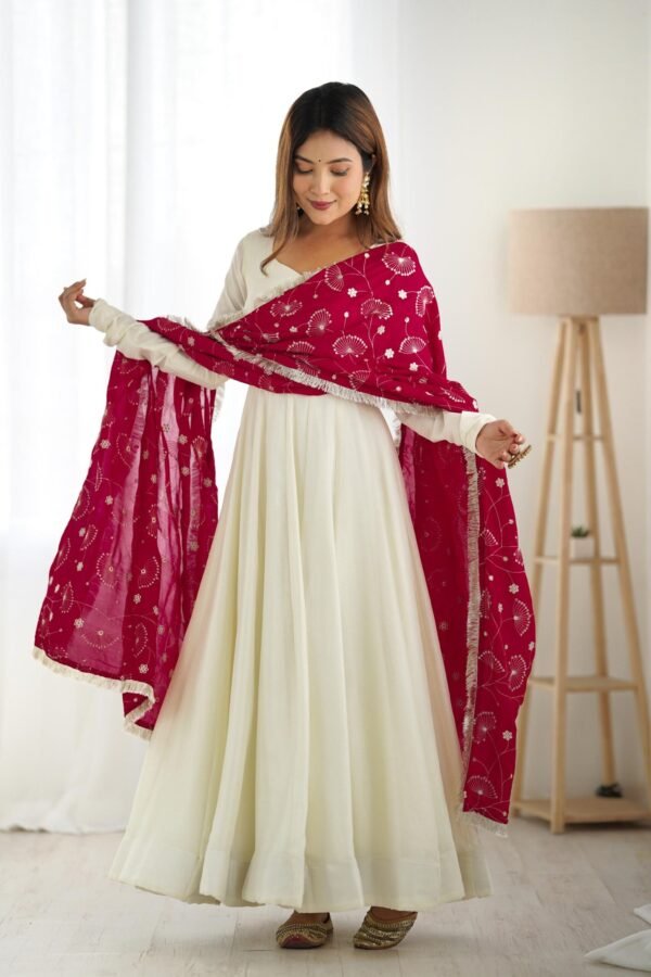 NKB-45WHITE_3.jpg White Vichitra Silk Anarkali Suit with Rani Pink Heavy Dupatta