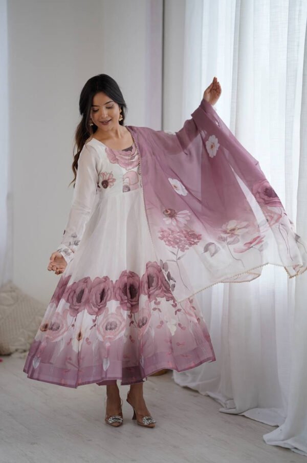 Onion Color Organza Silk Anarkali Suit with Dupatta