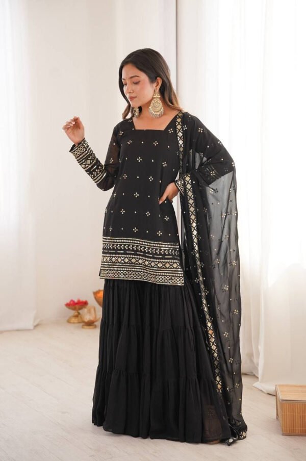 SRK-5317BLACK_4.jpg Black Sequin Work Ruffle Sharara Suit Set