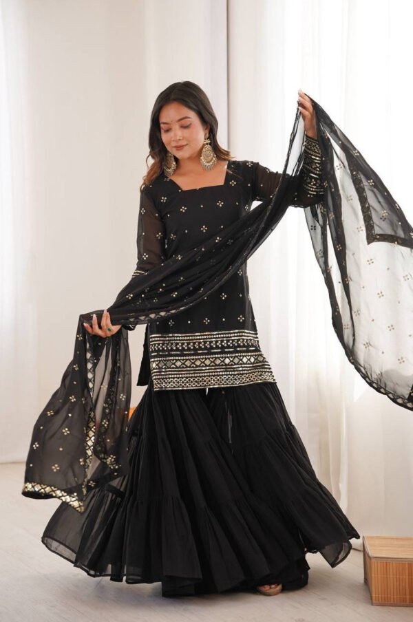 SRK-5317BLACK_6.jpg Black Sequin Work Ruffle Sharara Suit Set