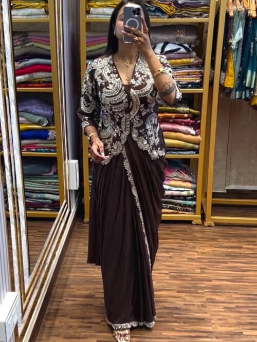 ST-1135_2.jpg Elegant Brown Indo-Western Drape Saree Set