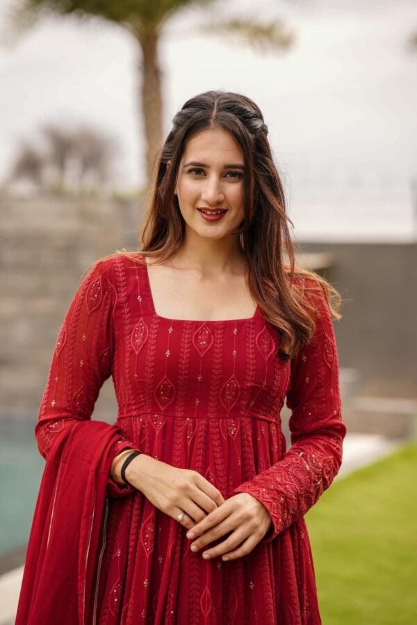 STD-101_1.jpg Maroon Anarkali Suit Set: Embroidered & Georgette Fabric