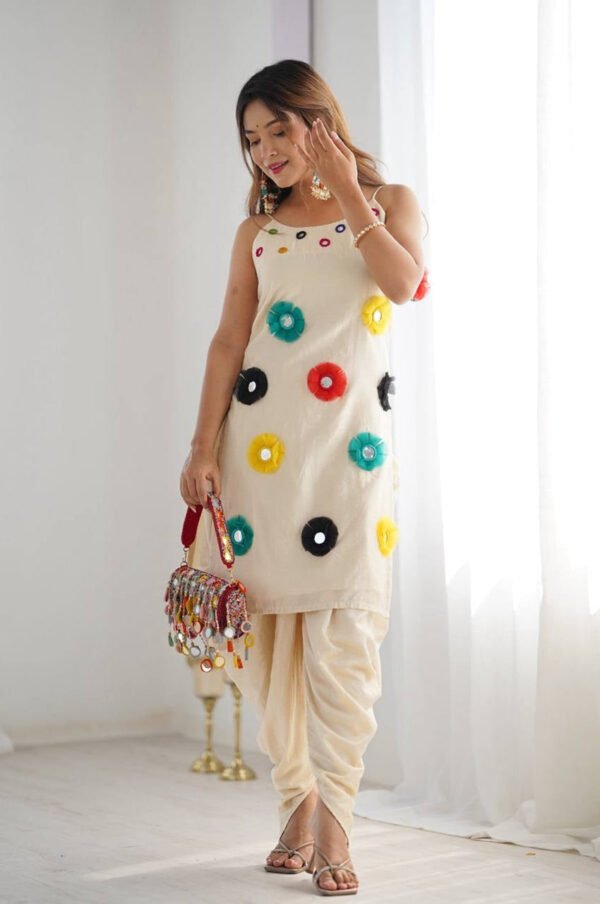 ZSR-3139_1.jpg Khadi Cotton Base Dhoti Kurta Set with Mirror Khatli Work