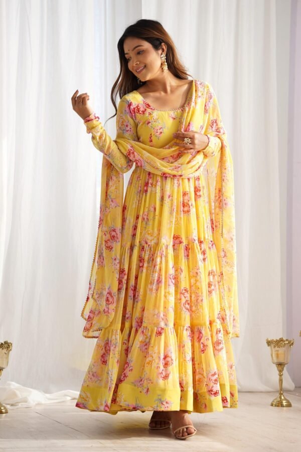 kb-268yellow_1.jpg Yellow Floral Print Fox Georgette Anarkali Suit Set