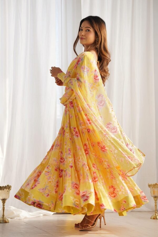 kb-268yellow_2.jpg Yellow Floral Print Fox Georgette Anarkali Suit Set