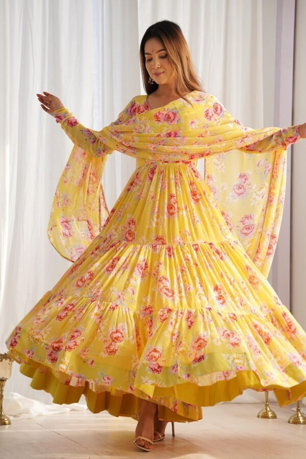kb-268yellow_3.jpg Yellow Floral Print Fox Georgette Anarkali Suit Set