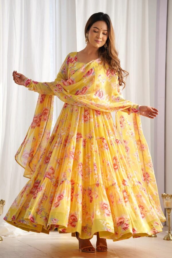 kb-268yellow_4.jpg Yellow Floral Print Fox Georgette Anarkali Suit Set