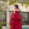 suratikart_3_5045c74a-e511-495e-8aba-08e1aa194e08.jpg Cherry Red Tabby Organza Mukesh Work Palazzo Suit