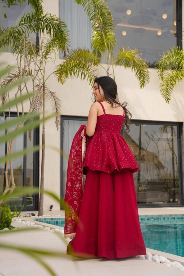 suratikart_3_5045c74a-e511-495e-8aba-08e1aa194e08.jpg Cherry Red Tabby Organza Mukesh Work Palazzo Suit