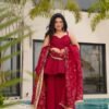 suratikart_4_7cff0f89-9aad-4d99-acb6-1b6e58cfcafa.jpg Cherry Red Tabby Organza Mukesh Work Palazzo Suit