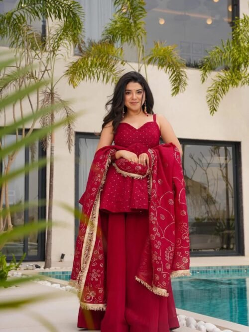 suratikart_4_7cff0f89-9aad-4d99-acb6-1b6e58cfcafa.jpg Cherry Red Tabby Organza Mukesh Work Palazzo Suit